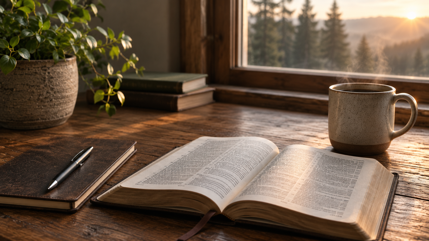 Open Bible, journal, and coffee in warm morning light